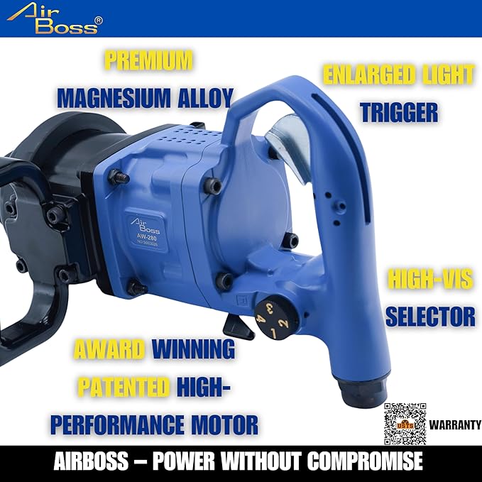 Airboss AW-280GL 1" 16LBS US Germany Award Winning Lightweight Air Impact Wrench 6" Shaft 2200 ft-lb Nut Busting Torque Weighs 16.1 lbs Twin Hammer Magnesium Alloy Design