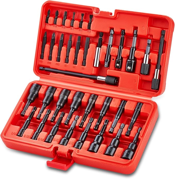 35PCS Magnetic Nut Driver Set, Nut Driver Set for Impact Drill, 1/4" Quick-Change Hex Shank | SAE & Metric | Cr-V Steel, Magnetic Screwdriver Bit W/Drill Bit Extension & Drill Bit Adapter