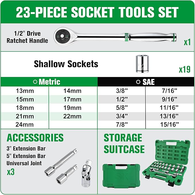 SK 1/2" Drive Socket Set with 216-P Quick-Release Ratchet, 23-Piece, SAE & Metric, SuperKrome Finish, Premium CR-V Construction, with Storage Suitcase