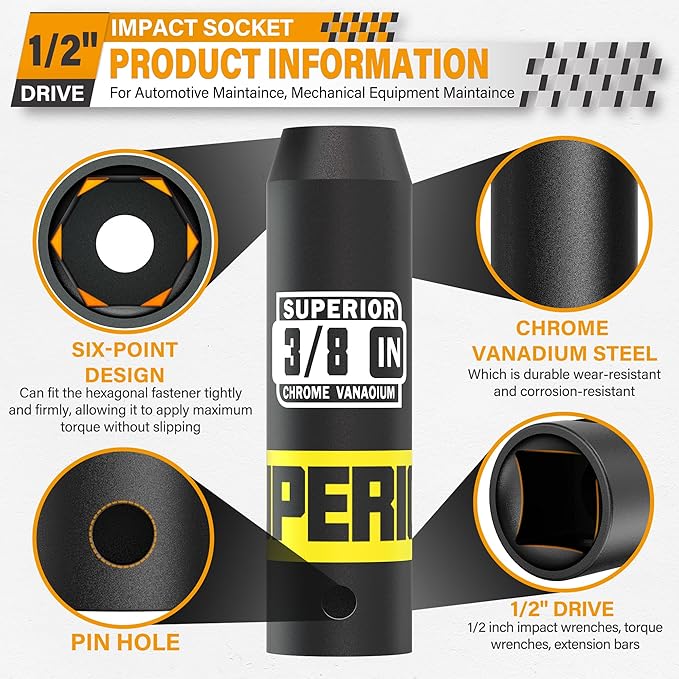 1/2" Drive Impact Socket, 3/8 inch Deep Socket, SAE, 6 Point, CR-V, for Car Repair, Loosen the Fastening Nut