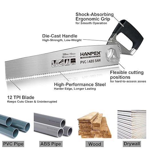 13-Inch Heavy Duty Pipe Saw - Adjustable Angle Hand Saw for PVC, ABS, Wood, Drywall & Plastic - Compact Design for Tight Spaces, Gardening, Trimming & General Purpose Cutting