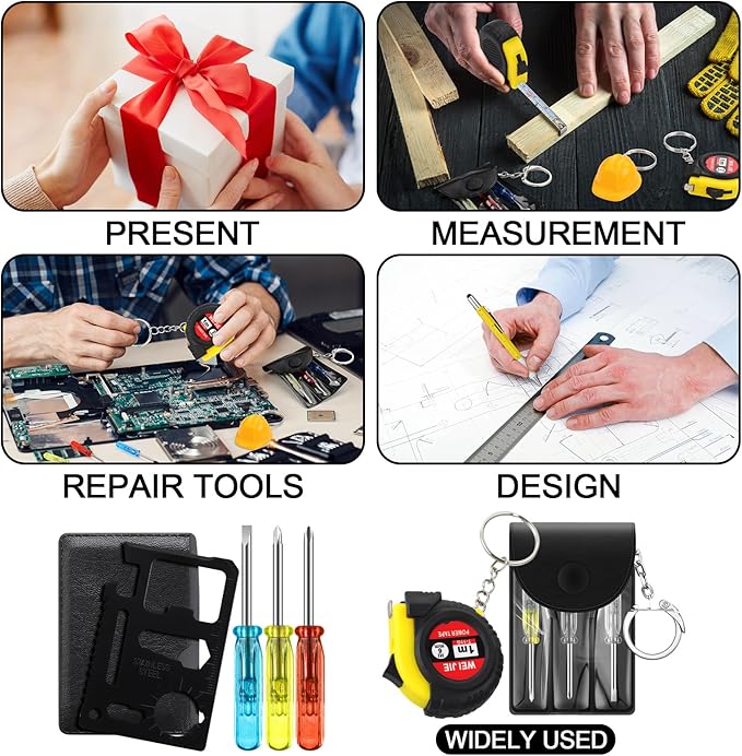 72 Pcs Mini Tape Screwdriver Keychain Set Valentine's Day Men Gifts Bulk Employee Appreciation Gift Bulk Multitool Pen Card for Adult Tool Party (Yellow,Black)