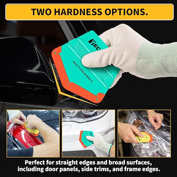 TECKWRAP Felt Squeegee for Vinyl Wrap,Dual-Corner Design, Twin Ribs for Grip, 2 Hardness Levels (Soft/Medium), V-Shape for PPF, Chrome & Tint, Yellow 40A / Blue 50A