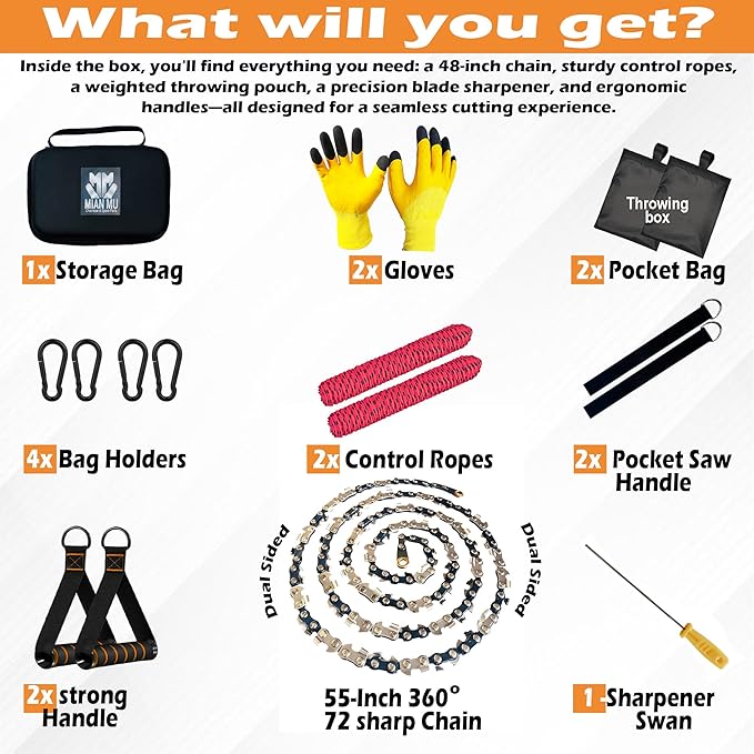 55 Inch High Limb Rope Saw with Dual Sided 70 Teeth 360° Chain – Manual Hand Saw for Tree Branch Cutting – Fast, Portable & Durable Outdoor Tree Trimming Tool Kit
