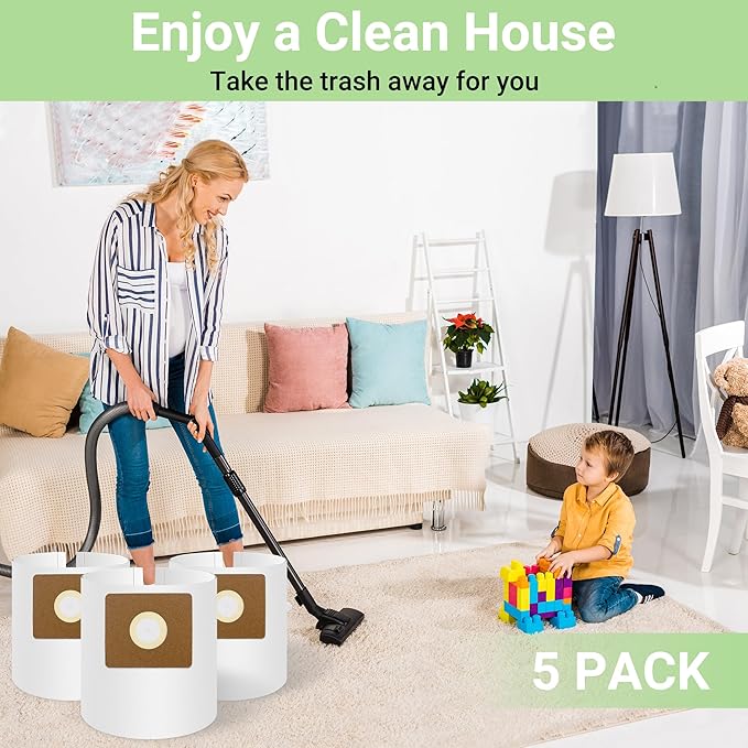 5 Pack Vacuum Bags Replacement for Shop Vac Bags 2-2.5 Gallon Type B 90668 9066800 9066833, All Around EZ QAM70 and CMXZVBE38774, PETOX High-Efficiency Disposable Vaccum Collection Filter Bags