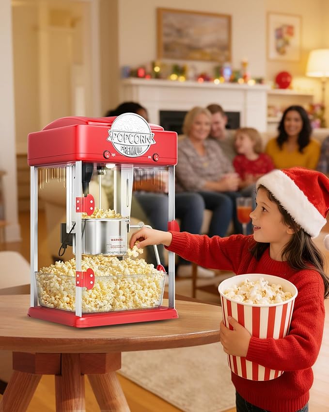 6 Oz Popcorn Machine Maker, Countertop Pop Corn Machine, Tabletop Popcorn Machine, Movie Theater Popcorn Popper Machine with Stainless-Steel Kettle, Measuring Tool for Home Family, 300 W, Red
