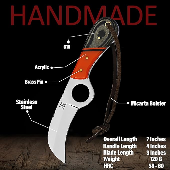 Handmade Stainless Steel Lineman’s Hawkbill knife with Leather sheath, Heavy Duty Utility Knife blade Electrician Wire Skinning knife for professional.