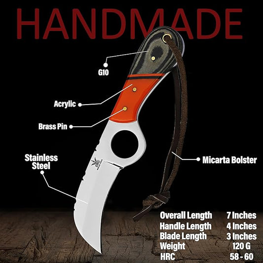 Handmade Stainless Steel Lineman’s Hawkbill knife with Leather sheath, Heavy Duty Utility Knife blade Electrician Wire Skinning knife for professional.
