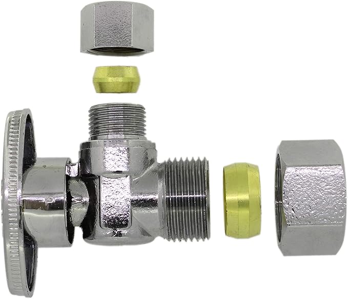 Angle Stop Valve 5/8" OD (1/2" Nominal) Compression x 3/8" OD Compression- Chrome Plated Brass 쩌 Turn Angle Valve For Water Pipes, Toilets, Sinks- Lead-FreeWater Shut Off Valve, 10 Pack