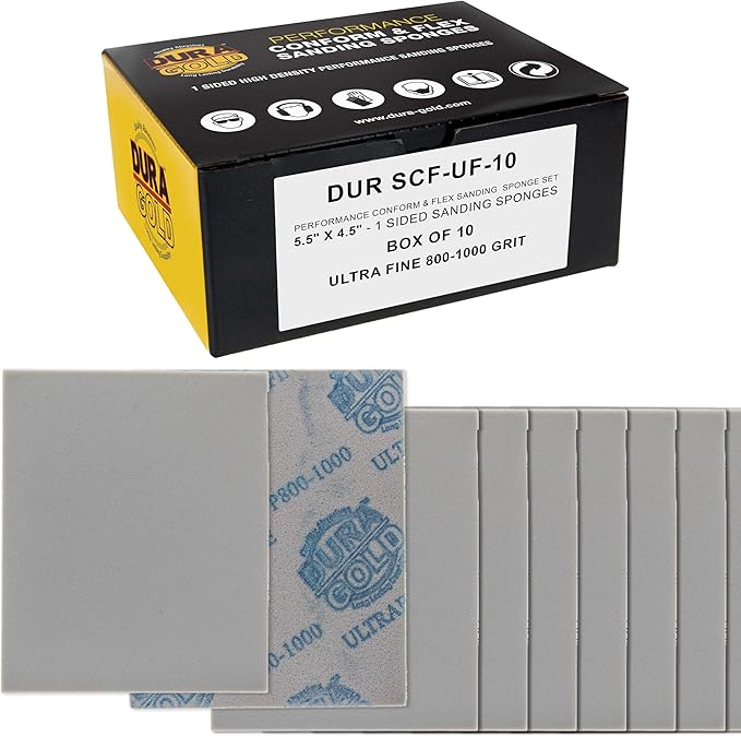 Dura-Gold Ultrafine Cut Sanding Sponges, Box of 10-5.5" x 4.5" (800 to 1000 Grit) Performance Conform & Flex Wet or Dry Flexible Softback Sandpaper Sponges, Hand Block, Wood Drywall Metal Auto Paint