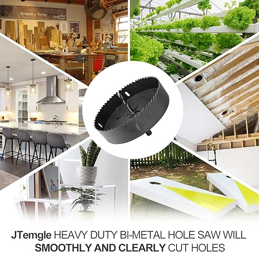 6-3/8 Inch Hole Saw with 1/2" Hex Shank Quick Change Arbor, JTemgle Bi-Metal Hole Saw Heavy Duty Hole Cutting Tool for Cornhole Boards, Recessed Lights, Wood, Plastic, Drywall & Soft Metal