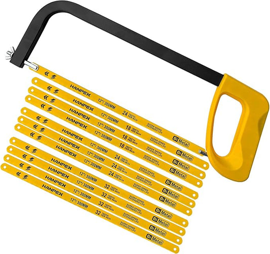 12in. High-Tension Hacksaw Frame with 10pcs Extra Bi-metal Blades, Hand Saw Suitable for Metal, wood, PVC, Carpentry