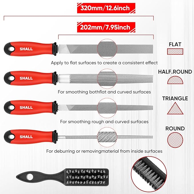 SHALL 17Pcs Metal File Set - Premium Grade T12 Drop Forged Alloy Steel - Flat/Triangle/Half-round/Round Large File & 12pcs Needle Files with Storage Box, Wire Brush - for Metal, Wood & Plastic