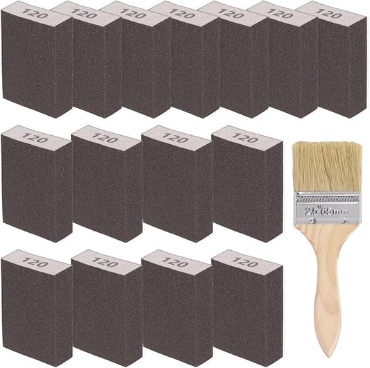 Glarks 16Pcs 120 Grit Sanding Sponge Kit 15Pcs 10x7x2.5CM Washable and Reusable Sanding Blocks and 1Pc Paint Brush Ideal for Wood Working, Drywall Metal Polishing