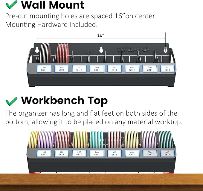 UNITEDPOWER Sanding Discs Holder, 8 Slots Wall Mount Metal Sandpaper Storage Rack for Workshop, Shed, Garage Classified Organization, Fit Most of Sandpaper
