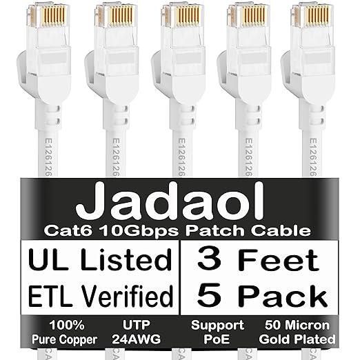Jadaol Cat 6 Ethernet Cable 3 ft 5 Pack, Outdoor&Indoor, 10Gbps Support Cat8/7 Network, 24AWG Pure Copper Patch LAN Cord, Direct Burial Waterproof UV Resistant for Router, Modem, Switch, Server, White