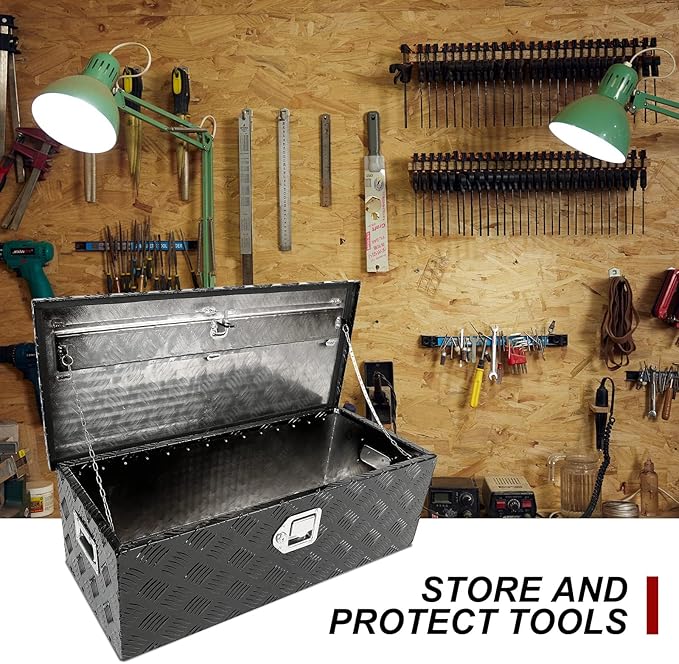confote 30" Heavy Duty Aluminum Stripes Plated Tool Box Pick Up Truck Bed RV Trailer Toolbox Waterproof Square Storage Organizer with Side Handle, Lock with Keys -30"x 13"x 10"，Black
