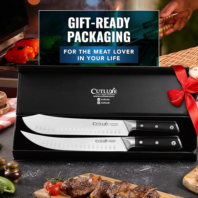 Cutluxe Butcher Knife Set ??Cimeter Breaking & Bullnose Carving Knives for Meat Cutting ??Professional Knife Set, Razor Sharp German Steel,Full Tang, Ergonomic, Butcher Knives for BBQ ??Artisan Series