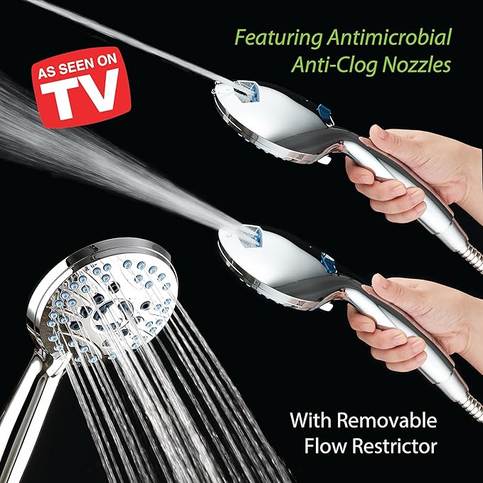 Hotel Spa AquaCare High Pressure 8-Mode Handheld Shower Head - Anti-clog Nozzles, Built-in Power Wash to Clean Tub, Extra Long 6 ft. Stainless Steel Hose, Wall & Overhead Brackets