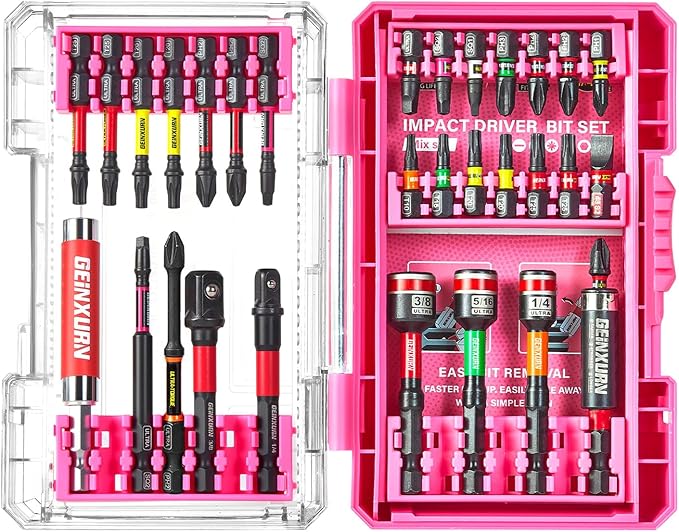 31Pieces Impact Screwdriver Bits Set, Magnetic S2 Steel 1??2??3??Phillips/Square/Torx Bits Tips,Impact Bit Holder and Nut Driver with Pink Storage Box Case