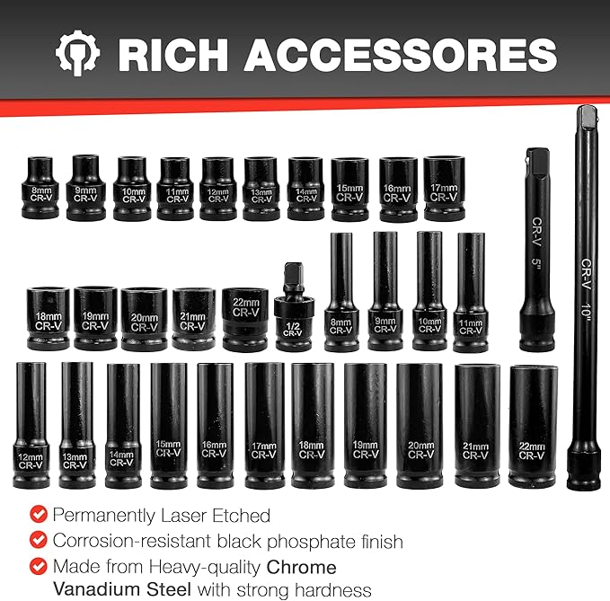 33pcs 1/2" Impact Socket Set (8-22mm), Metric Socket Set, Cr-V Steel, 6 Point Deep & Shallow Sockets, with 5" 10" Extension Bars and 1/2" Universal Joint