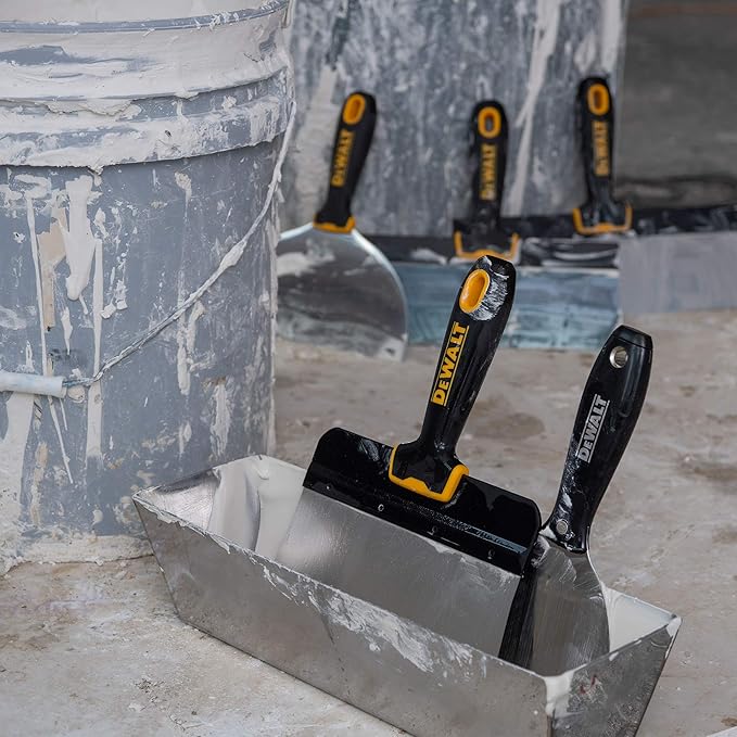 DEWALT Stainless Steel Taping Knife & Mud Pan Set | 8,10,12 Inch Taping Knives, 14 Inch Mud Pan, Bonus 6" Soft Grip Putty Knife | Soft Grip Handles | Sheetrock Gyprock Plasterboard | DXTT-3-174