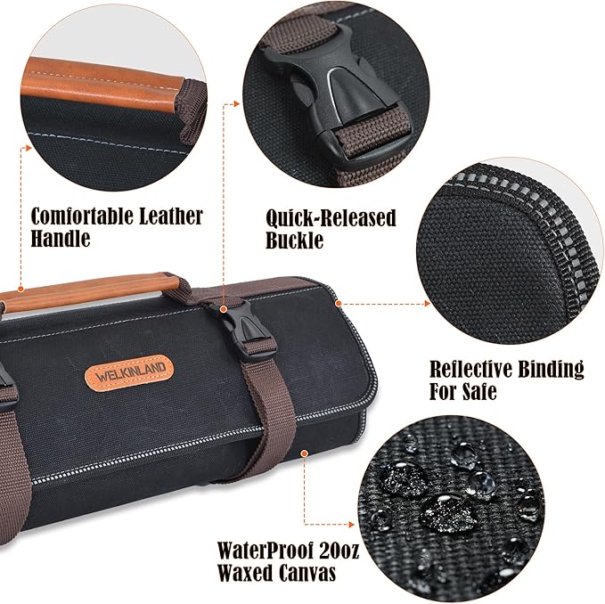 WELKINLAND 18-Pockets Waxed Canvas Tool Roll, Heavy-Duty tool bag roll, Waterproof tool roll up bag, 17" Canvas tool roll, Screwdriver roll up bag
