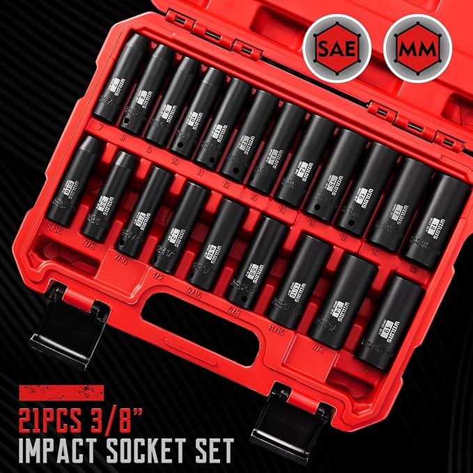 21 Pieces 3/8" Drive Deep Impact Socket Set, Standard SAE (5/16"to 3/4") & Metric (7mm to 19mm), 6 Point Design, Deep, Premium Cr-V Steel