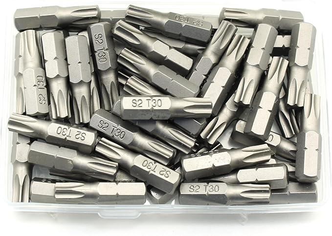 TEMO 50 pc T30 Torx 6 Point Impact Ready 1 Inch Long Screwdriver Insert Bits Hex Shank with Quick Release Slot