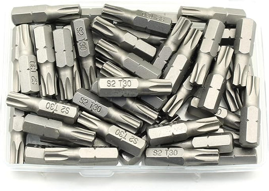 TEMO 50 pc T30 Torx 6 Point Impact Ready 1 Inch Long Screwdriver Insert Bits Hex Shank with Quick Release Slot