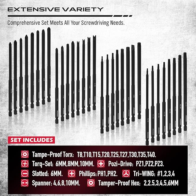Extra Long Security Bit Set: 32-Piece S2 Steel Screwdriver Drill Bits for Tamper-Proof Screws, 6" Torx, PoziDriv, Spanner, Tri-Wing - Universal 1/4" Hex Shank for Electric, Impact Drills