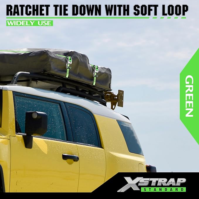 XSTRAP STANDARD 1in x 14ft Ratchet Straps with Ergonomic Aluminium Alloy Handle and Coated S-Hooks - 500 lb. Working Load Limit / 1,500 lb. Breaking Strength - Green, 8PK