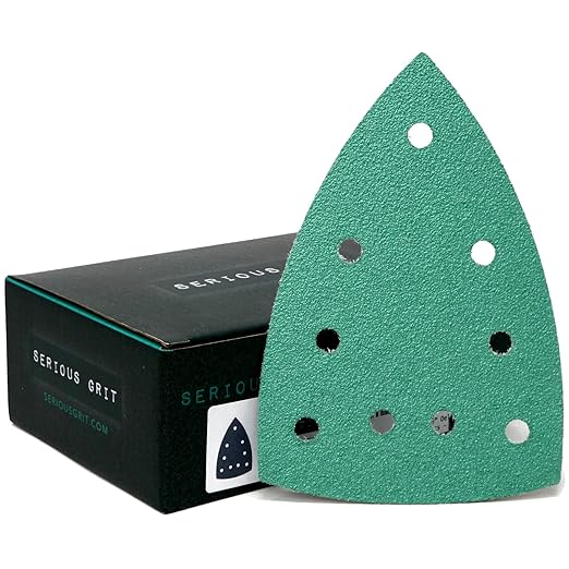 Serious Grit - 60 Grit 4" x 6" Delta (100mm x 150mm) Triangle Sanding Sheets - Fits Festool DTS 400 & Mirka DEOS Delta Sanders - Heavy-Duty Hook & Loop Film Sandpaper for Detail Sanders - 25 Pack Box