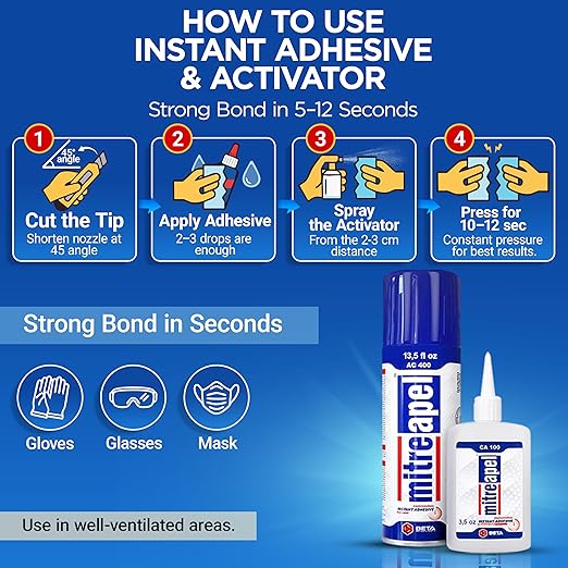 MITREAPEL CA Glue with Activator (2 x1.7oz-2 x 6.7floz)Instant Bond Professional Cyanoacrylate Adhesive and Super Glue Accelerator for Woodworking ,Ceramic,3D Printing,Glass, DIY&Craft, Plastic,Repair
