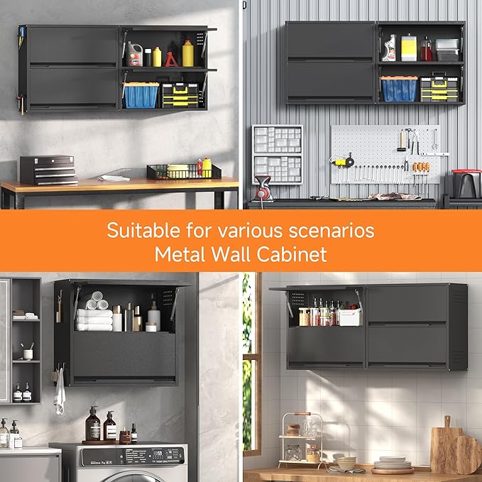 Coolsun 2 Door Metal Wall Cabinet, Garage Wall Cabinet with Up-Flip Door, 25.6" H Wall Mounted Metal Storage Cabinet for Garage,Basement,Ware House Assembly Required
