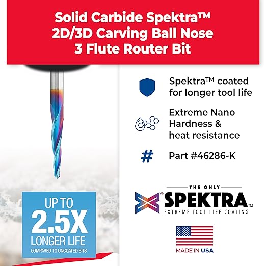 Amana Tool 46286-K Carbide Up Cut Spiral CNC Router Bits for Plastic, Wood 2D/3D Carving 3.6 Deg Tapered Angle Ball Tip 1/8 D x 1/16 R x 1 x 1/4 Shank 3 Flute, Spektra Tool Life Coated