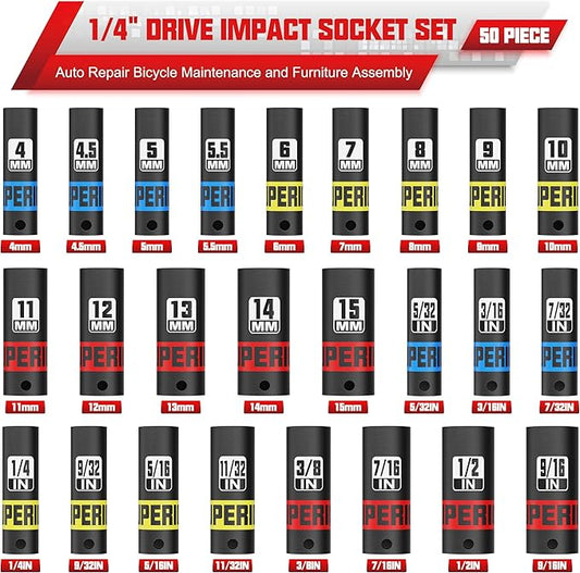 50 Piece 1/4" Drive Impact Socket Set, SAE (5/32" - 9/16") & Metric (4 mm - 15 mm), Deep and Shallow Sockets, Auto Repair Bicycle Maintenance and Furniture Assembly