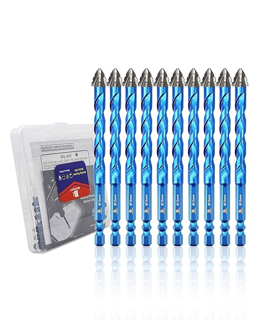 Serrated Carbide Masonry Drill Bit Set 1/2"*10 - Wood Drill Bits for Wood/Plastic/Masonry/Ceramic Tile Hex Shank Drills