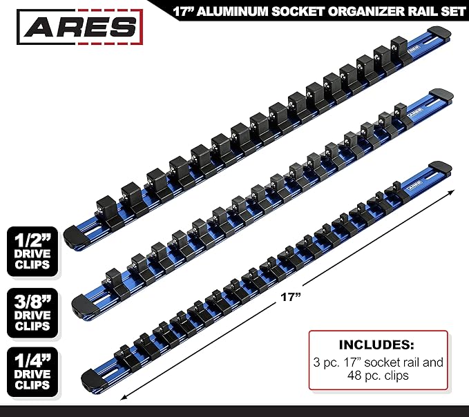 ARES 60125-3-Piece Blue 17-Inch Aluminum Socket Rail Set with Locking End Caps - Includes 1/4-Inch, 3/8-Inch, and 1/2-Inch Drive Rails - Each Aluminum Rail Stores up to 16 Sockets