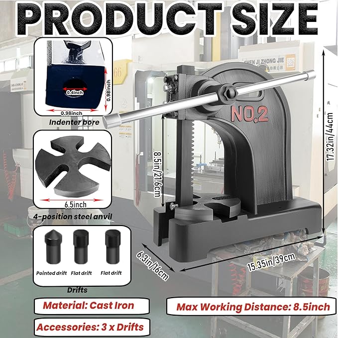 2 Ton Manual Arbor Press with 3 Drift, 8.5" Maximum Height Cast Iron Hand Press, Manual Desktop Arbor Press, Bench Press for Stretching Deforming Stamping Bending (Black, 2 TON)