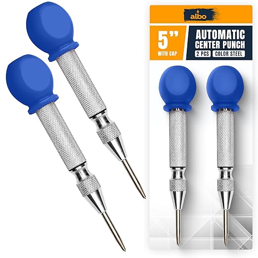 ALBO Spring Loaded Center Punch Tool ??5 Inch Automatic Punch for Metal, Wood & Steel ??Heavy Duty Drill Punch with Non-Slip Comfort Cap, Galvanized Finish & Precision Tip for Accurate Marking (2pcs)