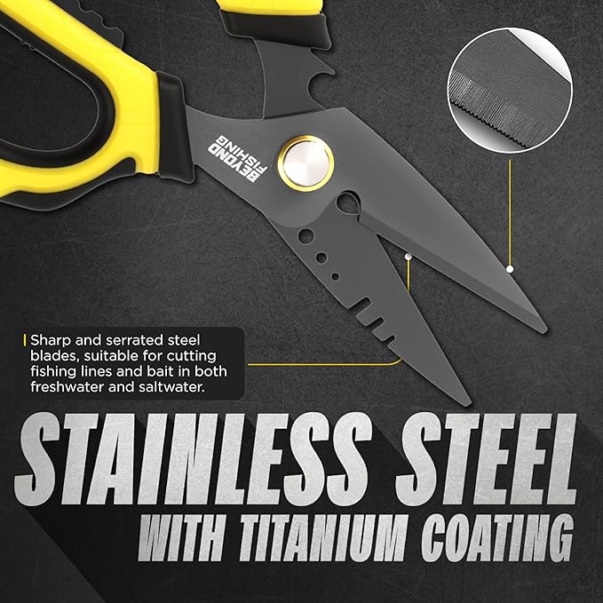 Beyond Fishing OmniPro Shears ??6.5??Multi-Function Fishing Scissors with Titanium-Coated Blades ??Cuts Braided Line, Monofilament, Fluorocarbon & Steel Wire ??Fishing Tool with Sheath