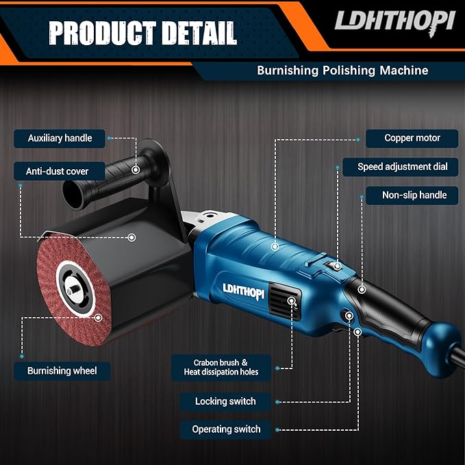 LDHTHOPI 1800W Burnishing Polishing Machine, 110V Handheld Electric Stainless Steel Polisher, 8 Variable Speed, 3100RPM for Metal with 3 Wheels, Stainless Steel, Wood