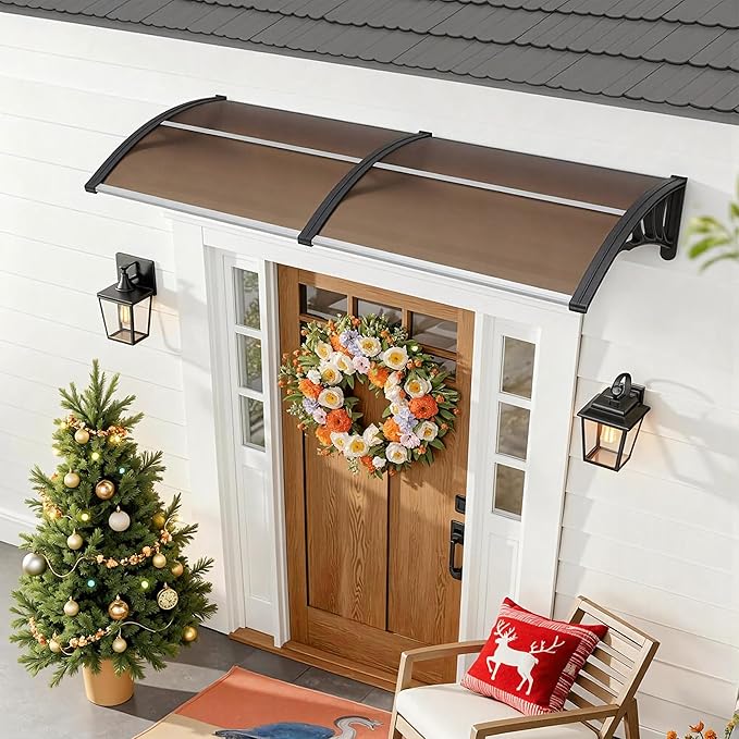 MCombo 39.8" x 37.8" Window Awning Outdoor Polycarbonate Hollow Sheet Door Patio Canopy, 6055-4040 (Brown Board with Black Bracket)