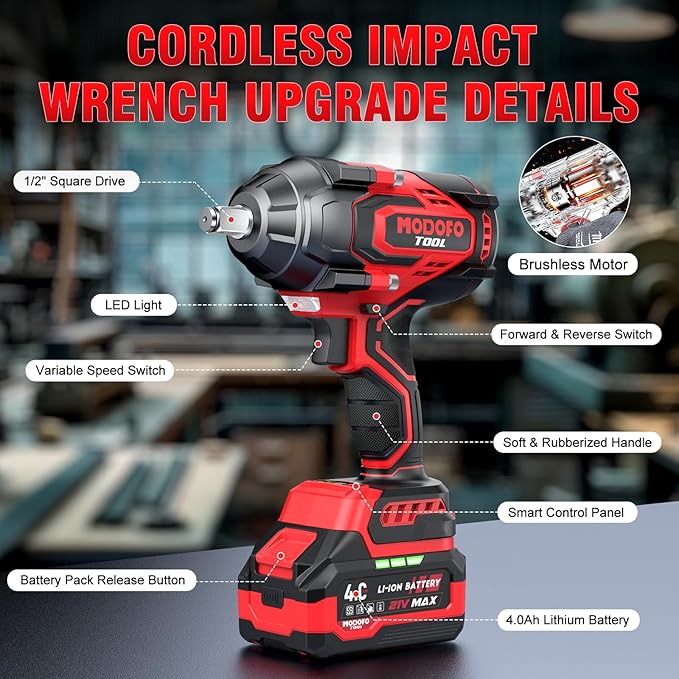 1500N.m (1100ft-lbs) Cordless Impact Wrench, 1/2 High Torque Brushless Impact Drill with 3500RPM Power, 2 x 4.0Ah Batteries, Fast Charger, Variable Speeds for Car/Truck RV/Mower (Red)