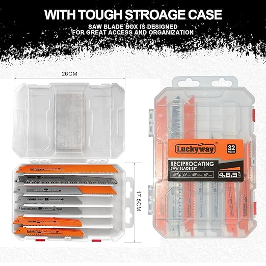 Luckyway Reciprocating Saw Blades Set, Sawzall Blades Set, Metal/Woodcutting Saw Blades, Pruner Saw Blades with Tough Storage Case 32-Piece