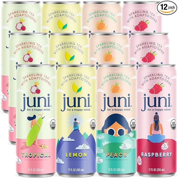 Juni Sparkling Adaptogen Drink with Ashwagandha, Lion?셲 Mane & Reishi Mushrooms | Green Tea for Focus, Zero Sugar, 5 Calories, Organic | Non Alcoholic Drinks - Variety Pack 12 pack