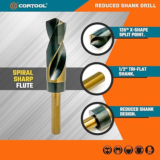 Drill Bit Set, Reduced Shank Drill Bit 8 Sizes from 9/16" to 1", HSS M2, Black & Gold with 3-Flat 1/2" Shank, Metal Drill Bits for Steel/Plastic/Wood, with Storage case