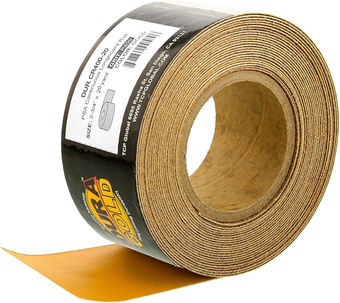 Dura-Gold Premium Gold 400 Grit PSA Longboard Sandpaper, 20 Yard Roll, 2-3/4" Wide, Self Adhesive Stickyback, Woodworking & Automotive Sandpaper Roll, Air File Sand Paper, Auto Sanding Blocks