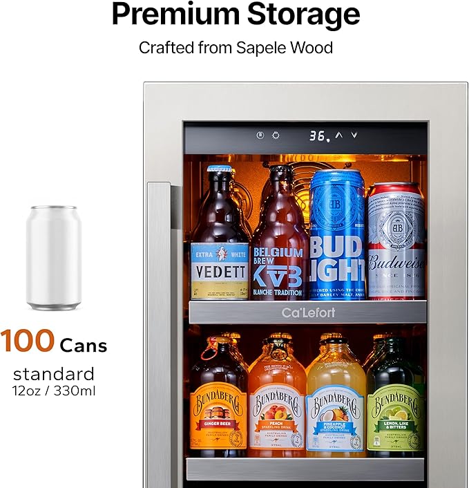 Ca'Lefort 15 Inch Beverage Refrigerator - 100 Can Small Beverage Fridge, Drink Fridge Glass Door 3 LED 34째F -54째F Beverage Cooler Built-in or Freestanding, Perfect for Home/Kitchen(3.0 cu.ft)